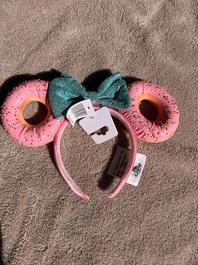 Disney Pink Donut Minnie Ears with Shimmer Teal Bow